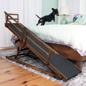 Hardwood dog ramp for bed - DoggoRamps walnut hardwood dog bed ramp